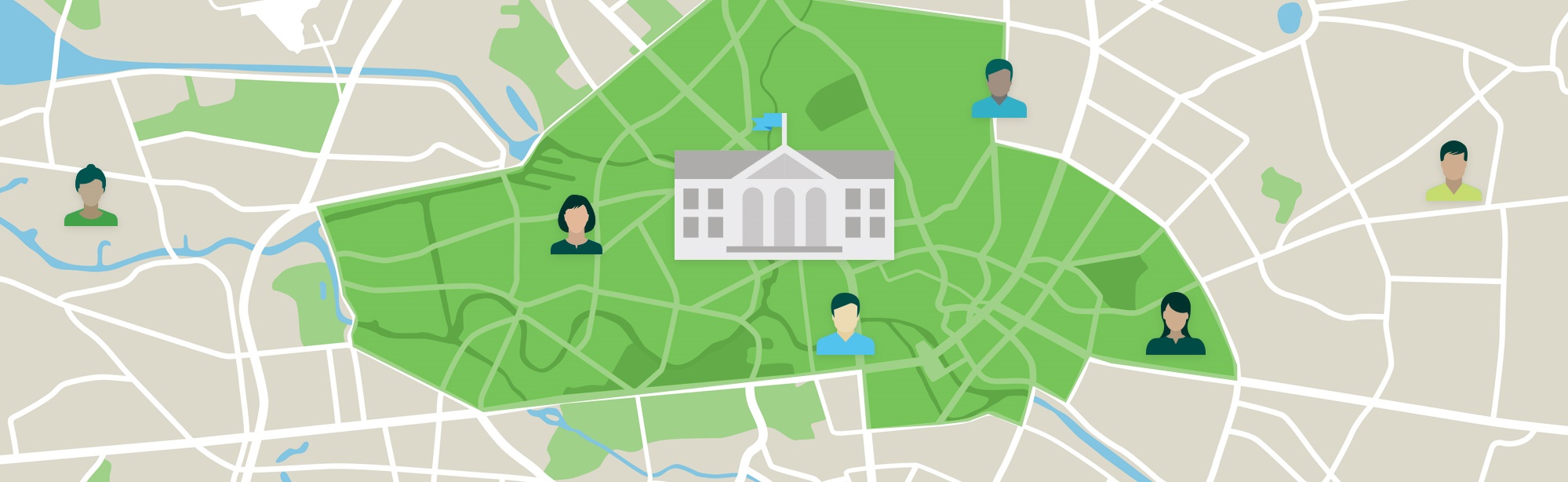 map of a campus with students in close proximity