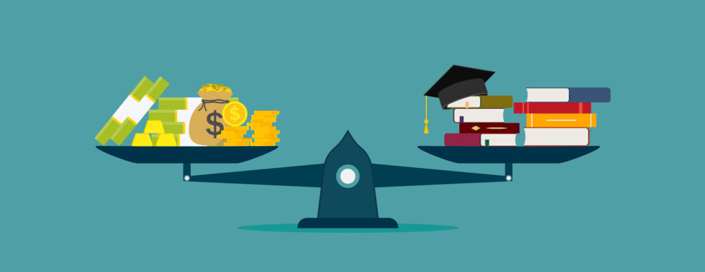 Illustration of a scale balancing money and higher education