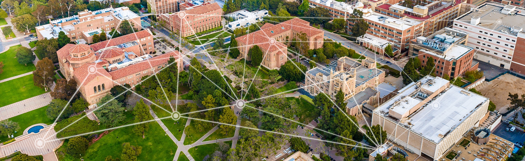view of college campus connected by technology lines; Why Your College Needs a Cloud Strategy