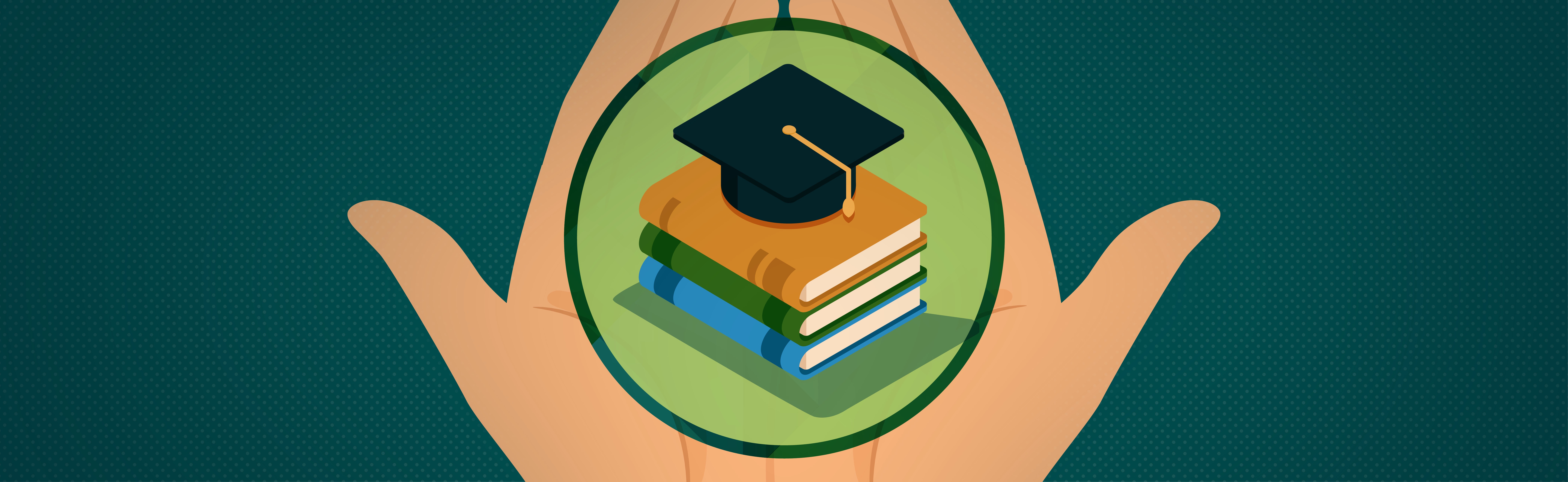hands holding books and grad cap; Answering 8 Common Questions About the CARES Act Related to Higher Education