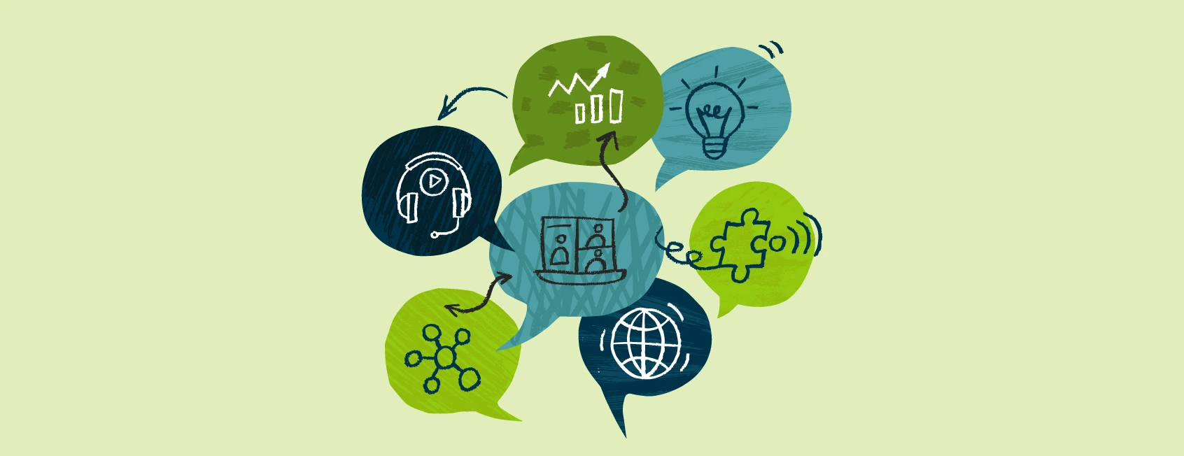 Colorful speech bubbles with various icons inside