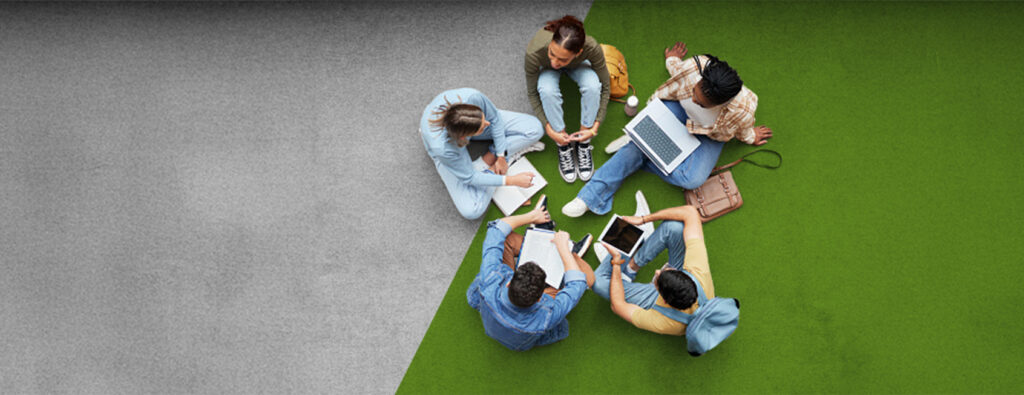 Aerial view of a group of gen z students sitting and talking.