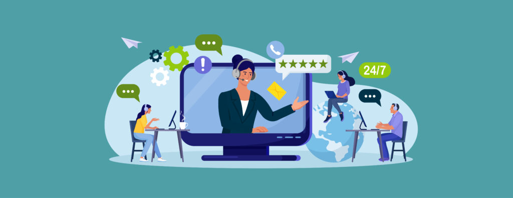 Illustration of IT professional on a computer screen helping students
