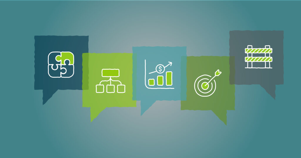 Colored speech bubbles with icons inside
