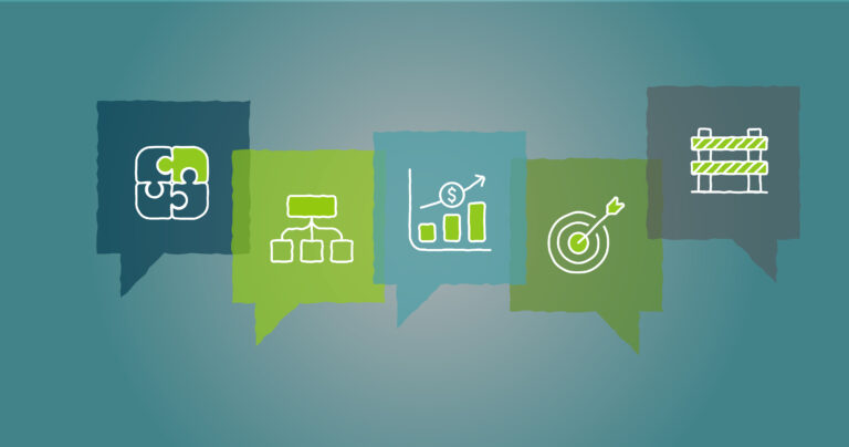 Colored speech bubbles with icons inside