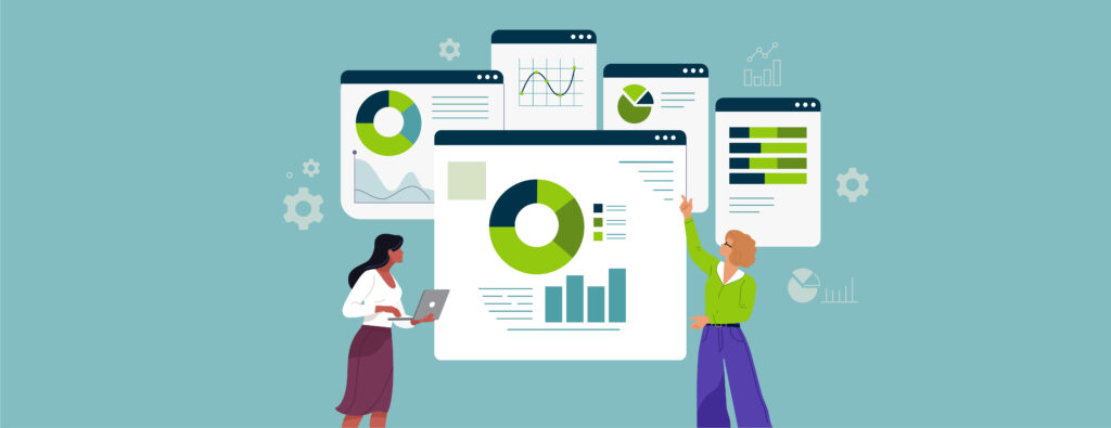 Illustration of individuals reviewing giant dashboards