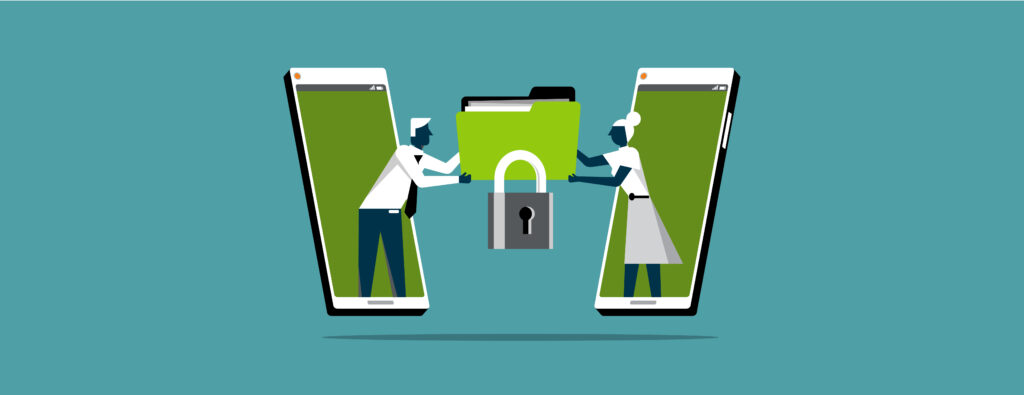 illustration of two individuals holding a lock in between two mobile devices
