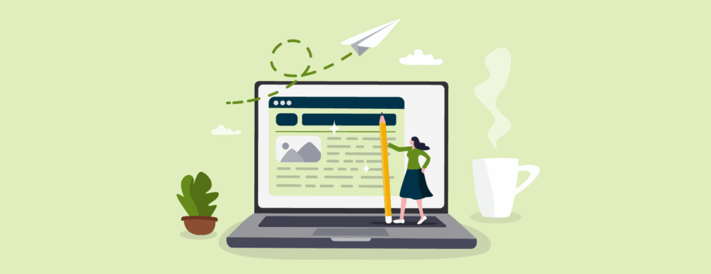 Illustration of a writer standing with a pencil on a laptop keyboard