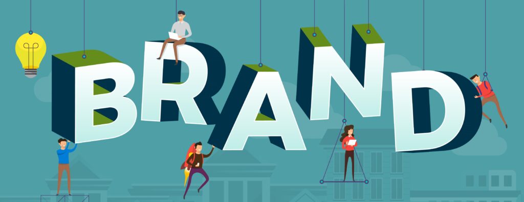 illustration of people sitting on block letters spelling "brand"