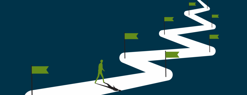 Illustration of person walking on a winding path with flags along the way