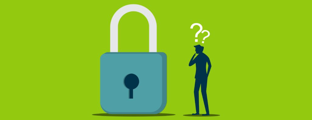 Illustration of a giant lock with a confused person standing next to it