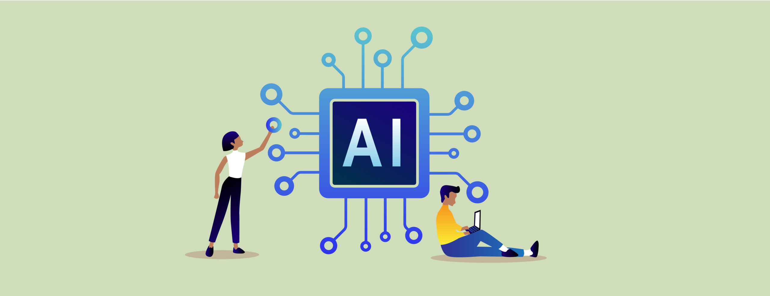 Illustration of two students sitting around an artificial intelligence icon