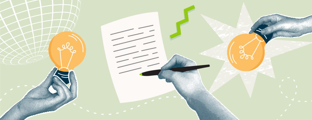 Hands writing and holding lightbulbs