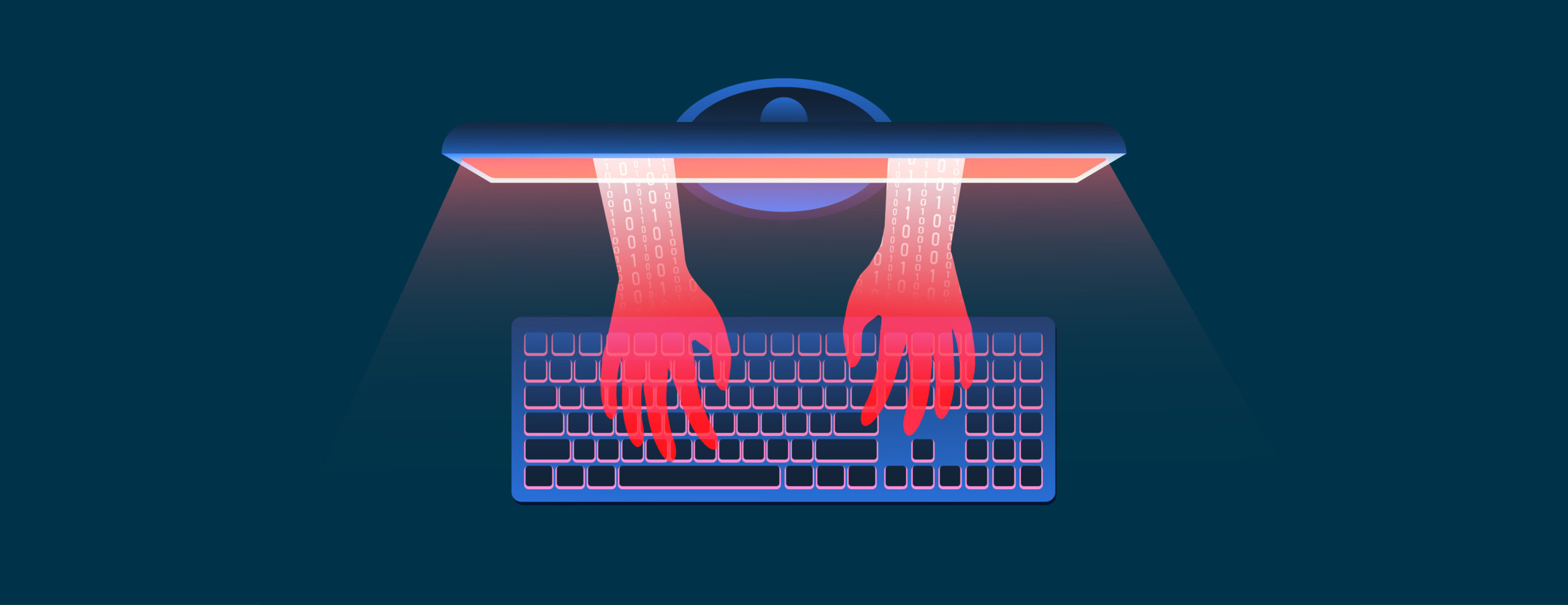 Illustration of red hands reaching out of a computer screen typing on a keyboard