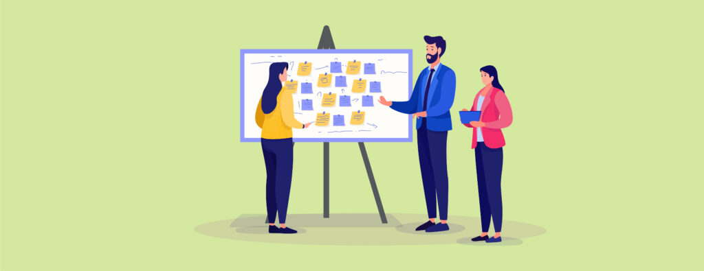 Illustration of three people reviewing sticky notes on a white board