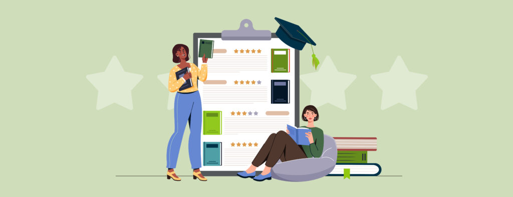 Illustration of two students with books in front of giant clipboard