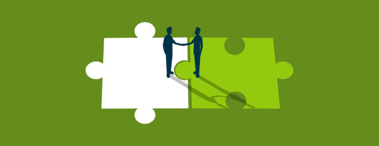 Illustration of two people shaking hands while standing on puzzle pieces.