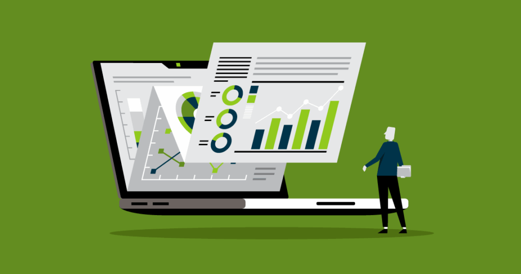 illustration of a person standing in front of a laptop with data coming out of it