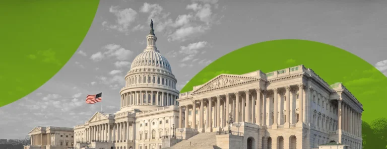 Image of capital building with green shape accents