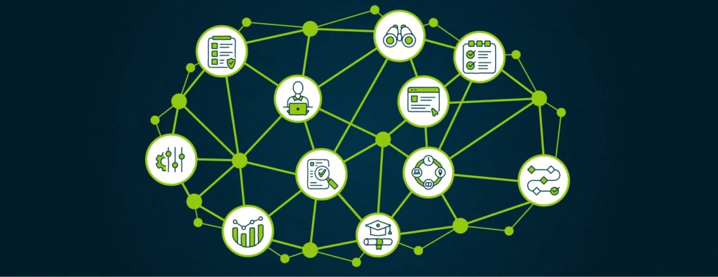 Illustrated web connecting various icons that represent websites