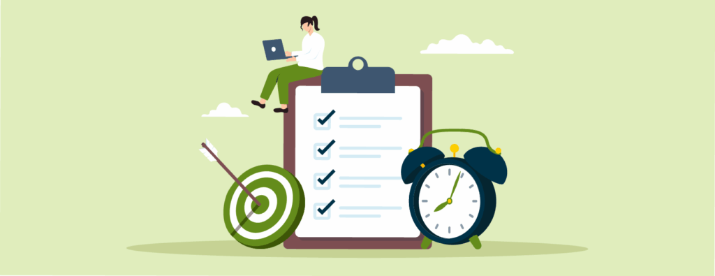 Illustration of a person sitting on a giant checklist with a clock sitting next to it