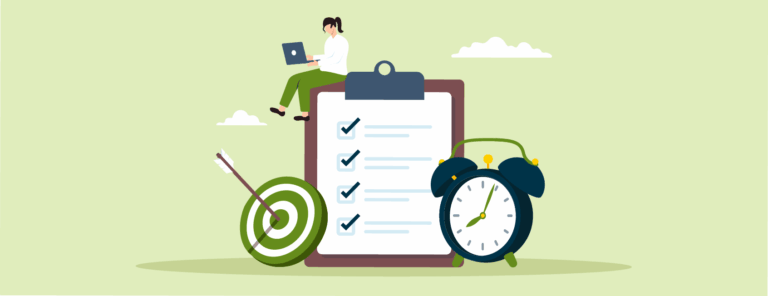 Illustration of a person sitting on a giant checklist with a clock sitting next to it