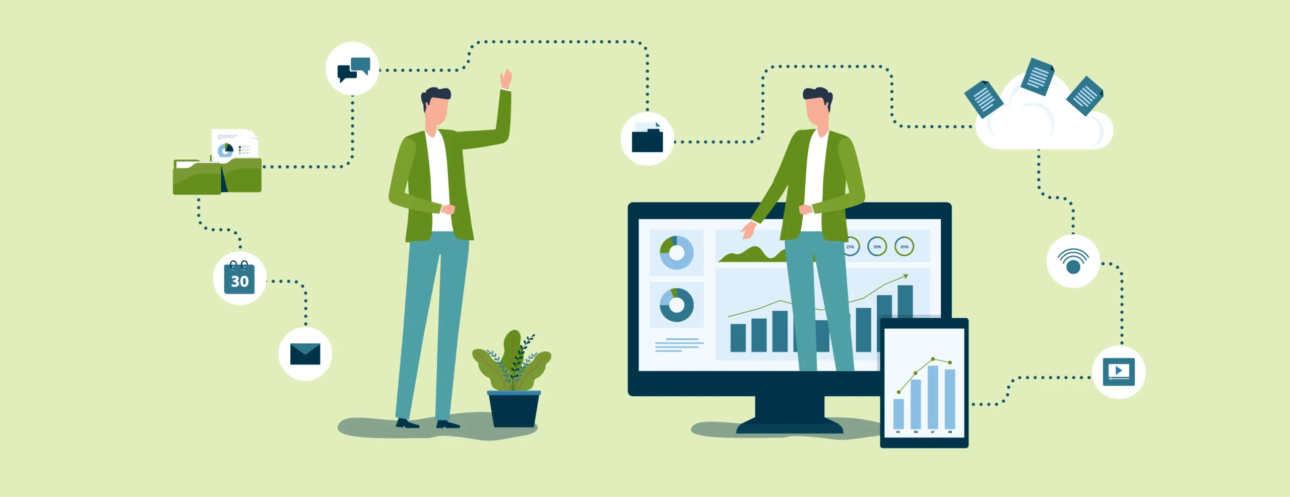 illustration of two identical people facing each other surrounded by data icons
