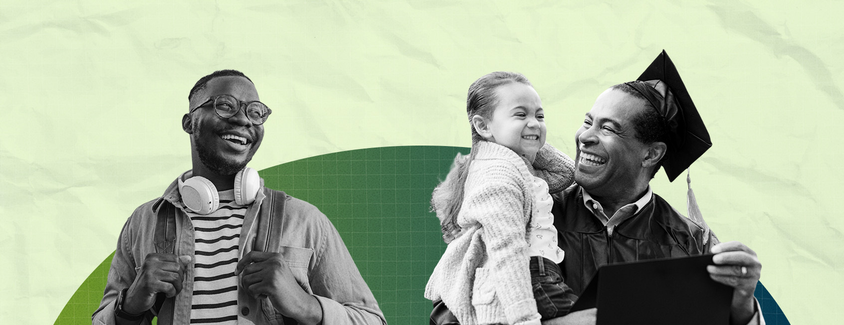 Side-by-side image of a young college student next to an older college graduate wearing cap and gown, holding a child