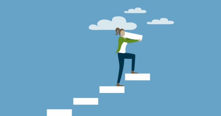 illustration of person carrying a block up a step of blocks