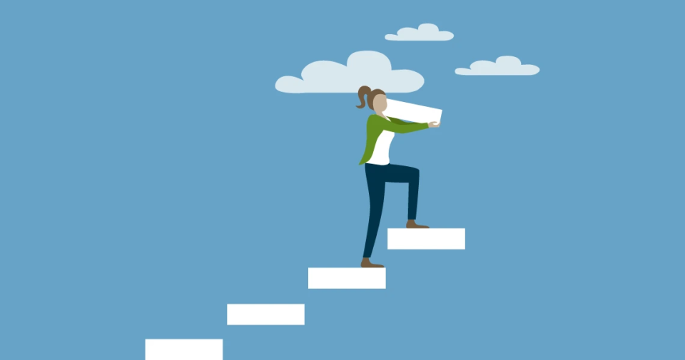 illustration of person carrying a block up a step of blocks