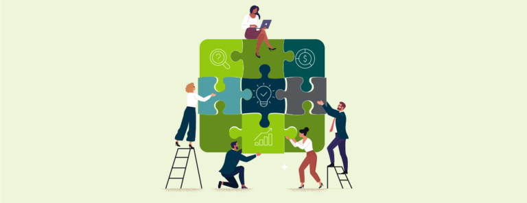illustration of people putting together puzzle pieces with icons on them