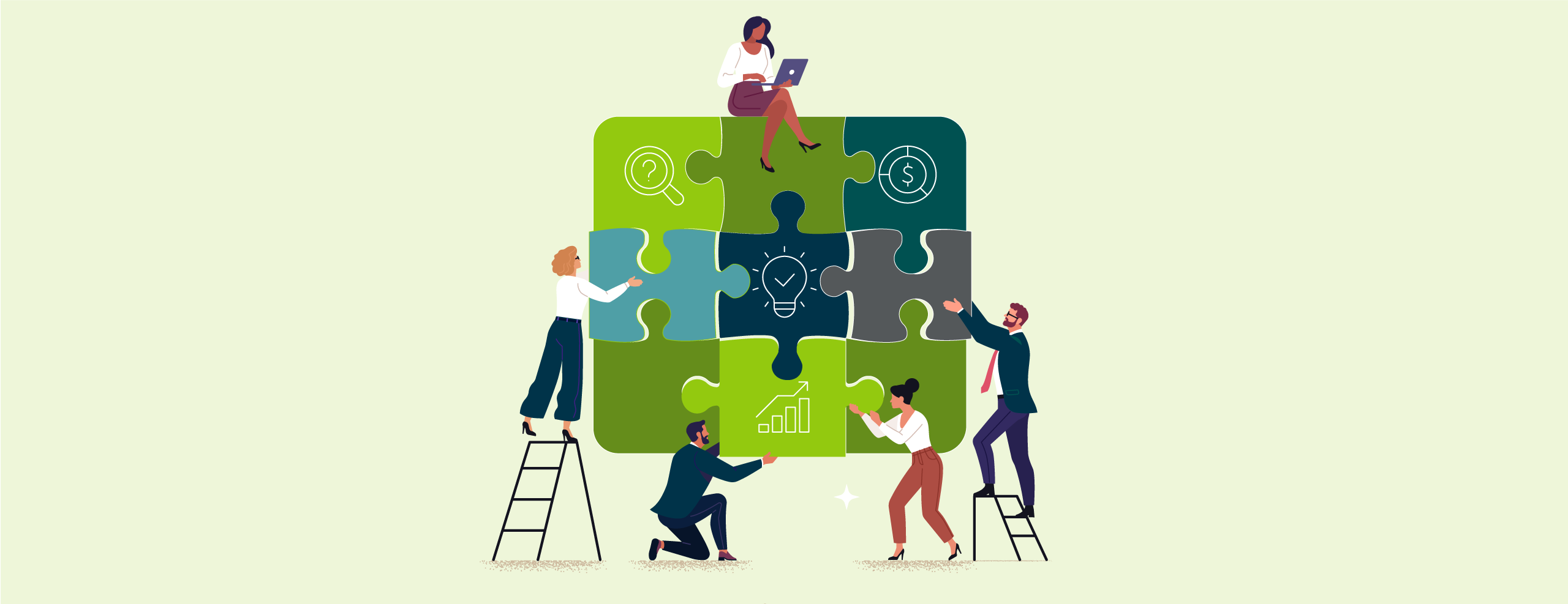 illustration of people putting together puzzle pieces with icons on them