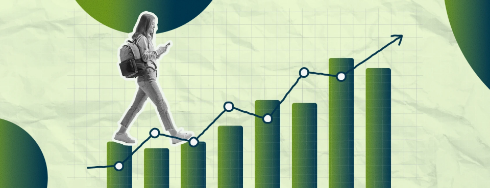 College student with backpack walking on a bar chart