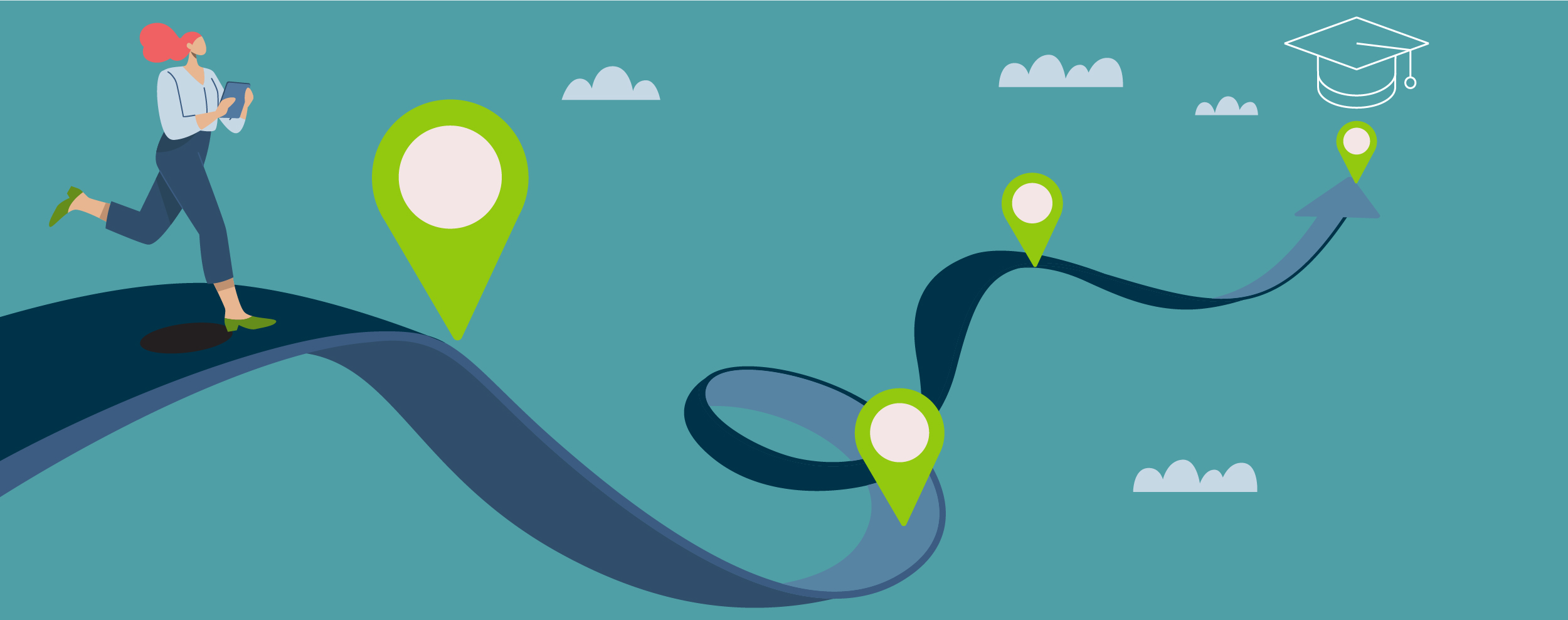 Illustration of student walking down a winding path with various touchpoints