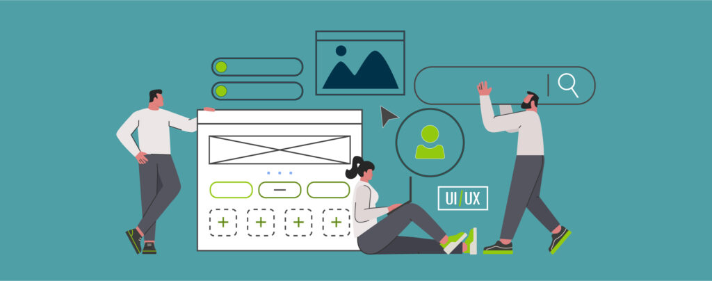 Illustration of people assembling a website interface representing higher education site redesign and optimization