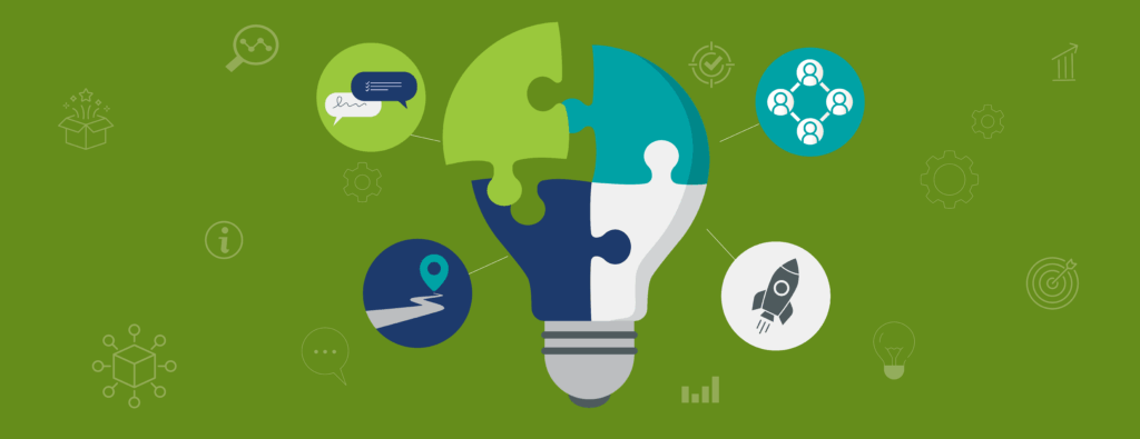 Illustration of a lightbulb made up of four puzzle pieces, symbolizing Collegis Education's four core values.