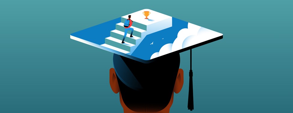 Illustration of a student climbing stairs toward a trophy on top of a graduation cap.