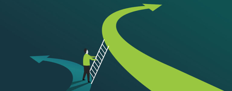 Illustration of a person using a ladder to climb from one path up to a higher path.