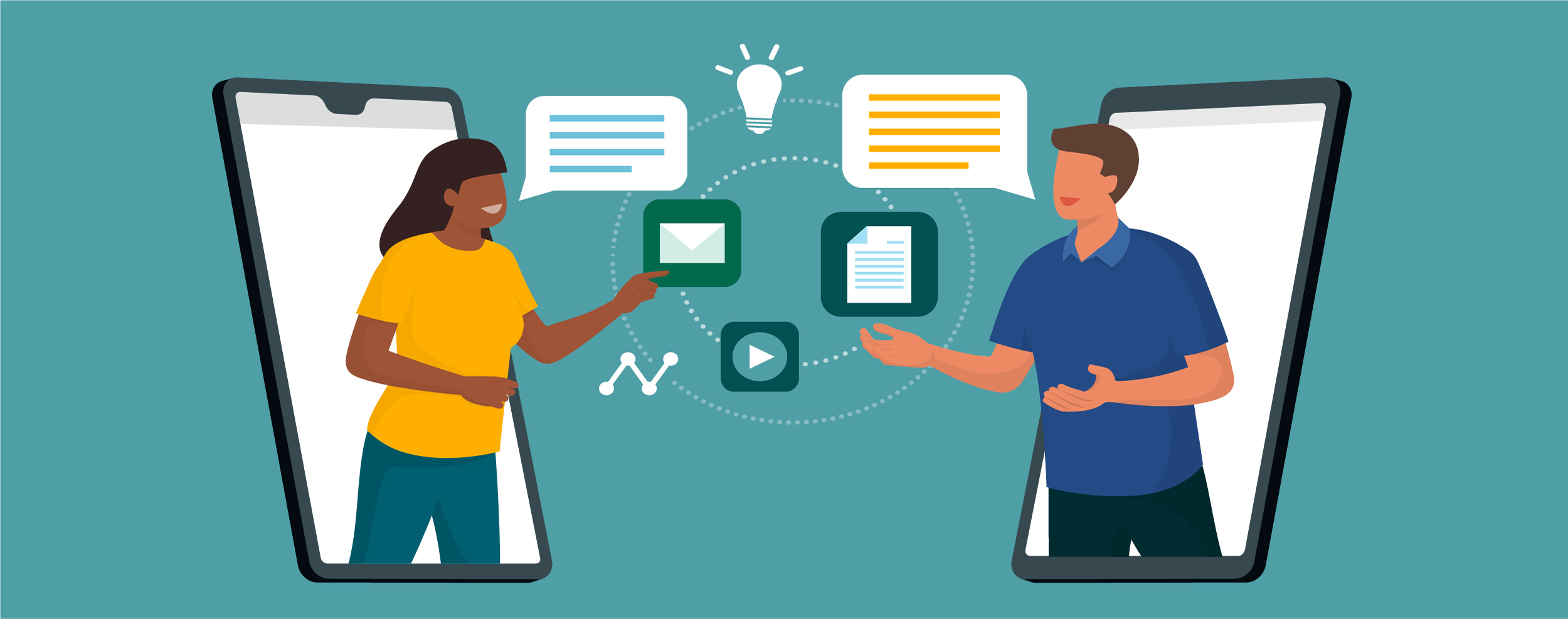 Illustration of two individuals coming out of mobile devices surrounded by icons.