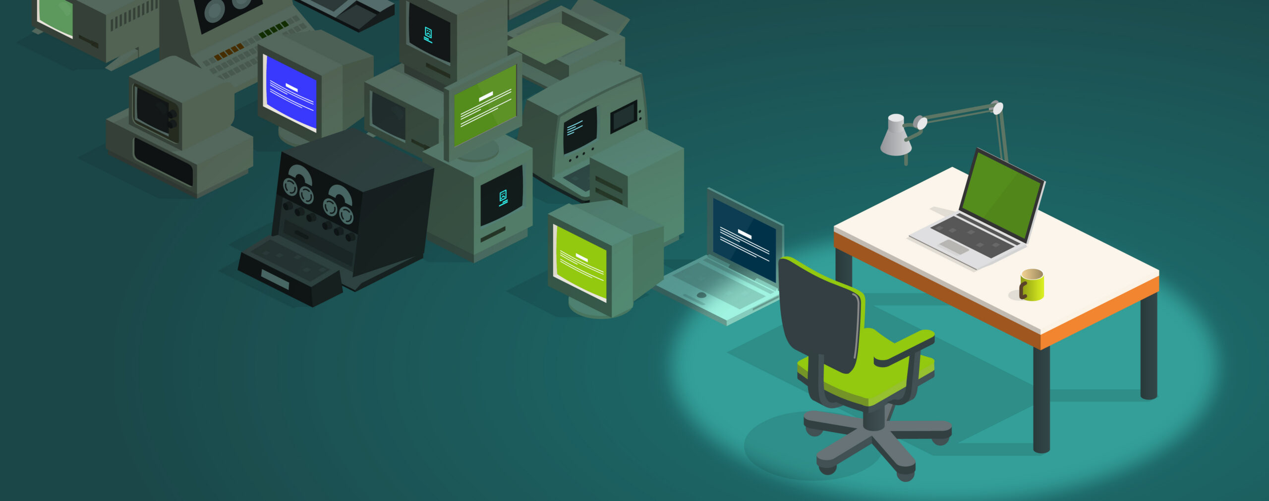 Illustration of a laptop on a desk with several outdated computers in the shadows.