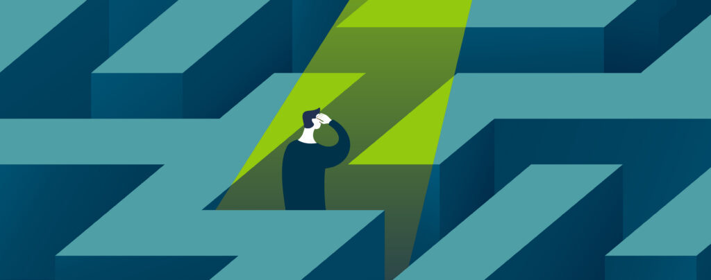 Illustration of person navigating through a maze with a spotlight leading them