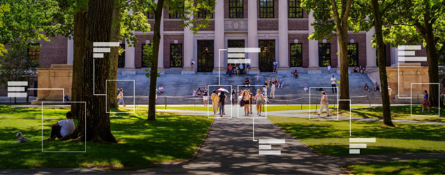Shot of students walking on a college campus with unique data charts surrounding each individual