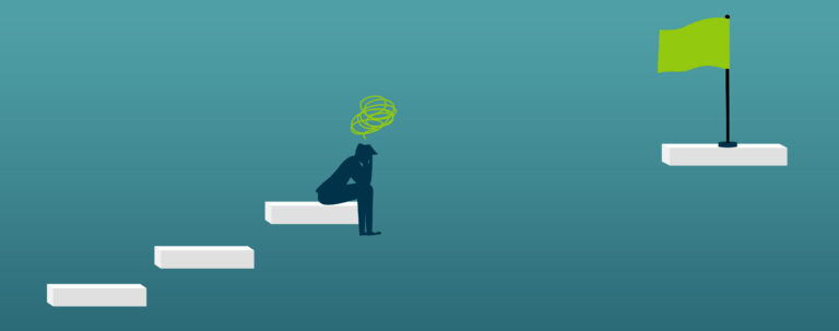 Illustration of person frustrated and stuck on a stair step that can't reach the destination.