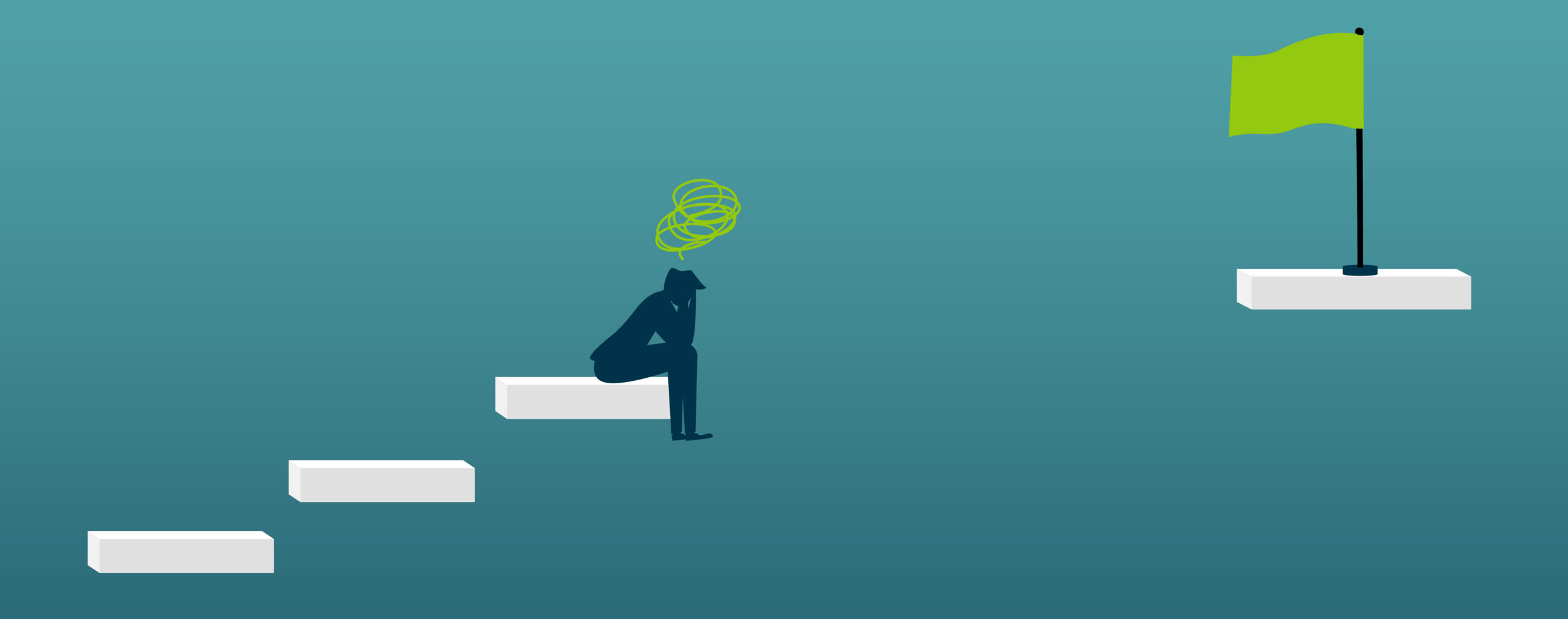 Illustration of person frustrated and stuck on a stair step that can't reach the destination.