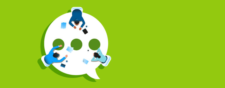 Illustration of three people sitting at a table working together