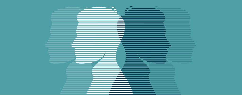 Layered silhouettes of a human head in different colors