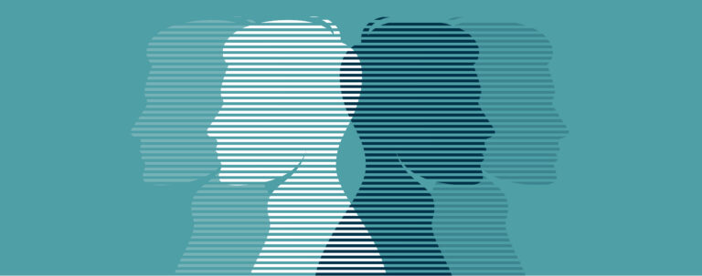 Layered silhouettes of a human head in different colors