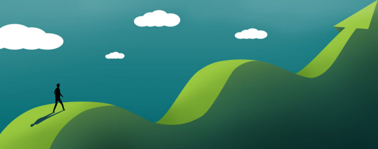 Illustration of a person walking upward on a winding path shaped as an arrow.
