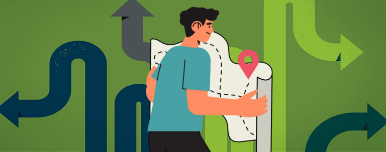 Illustration of person looking at a map with arrows pointing in different directions in the background.