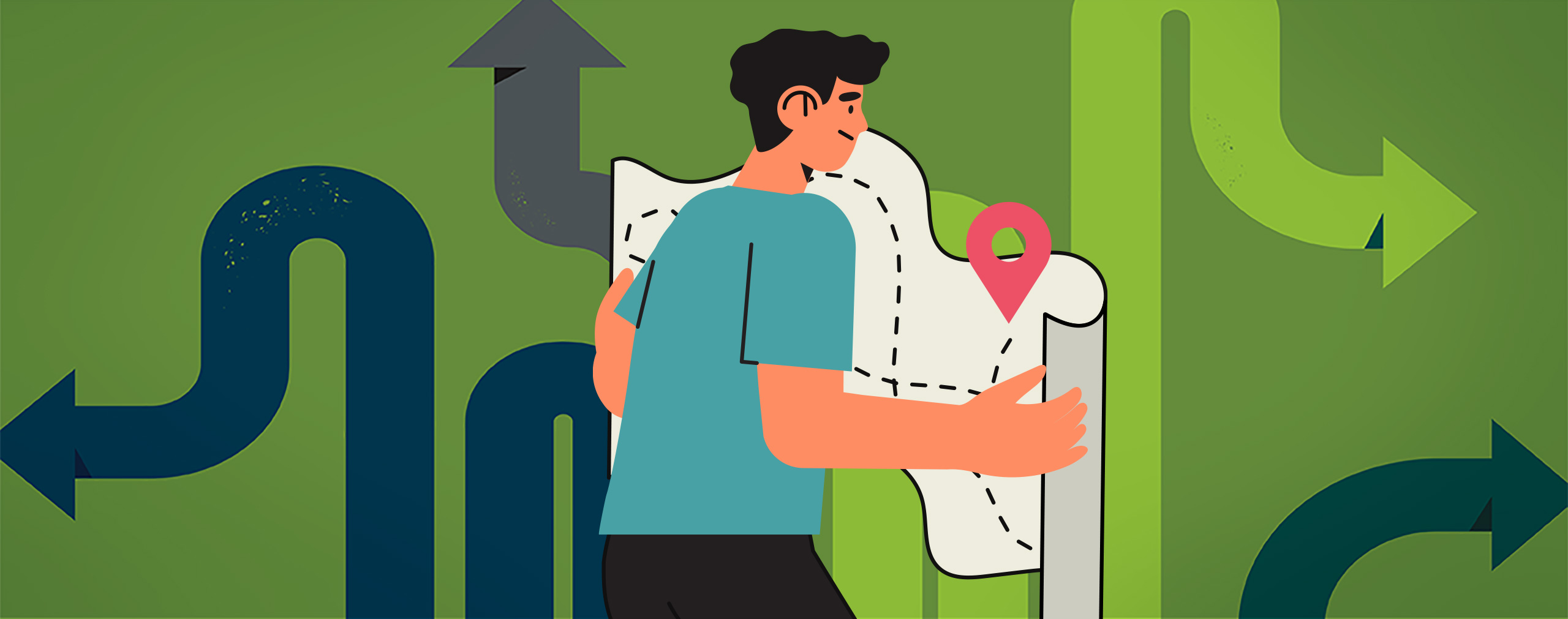 Illustration of person looking at a map with arrows pointing in different directions in the background.